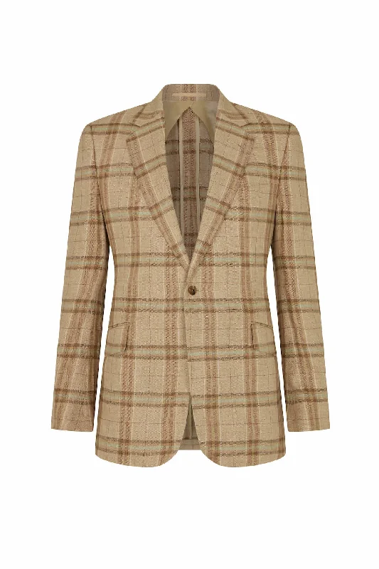 Performance Jacket-Brown/Green Wool Silk & Linen Single Breasted Check Jacket