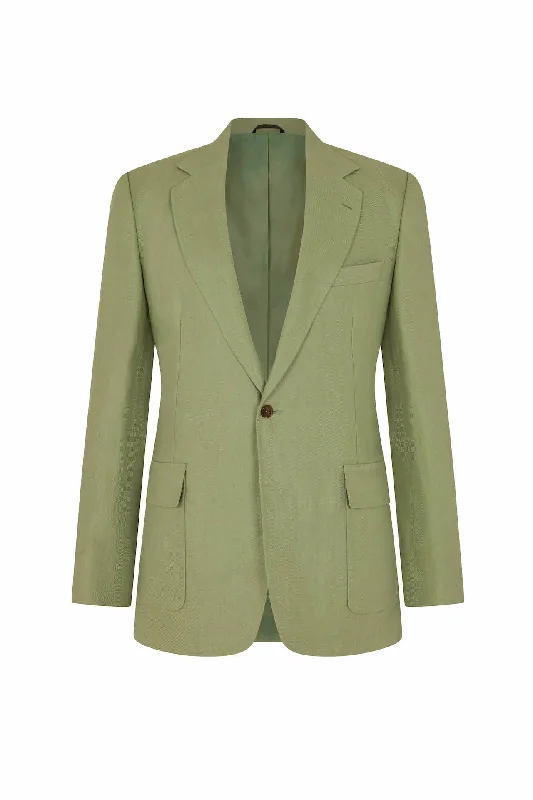 Cold Weather Jacket-Sea Green Linen Single Breasted Patch Pocket Jacket