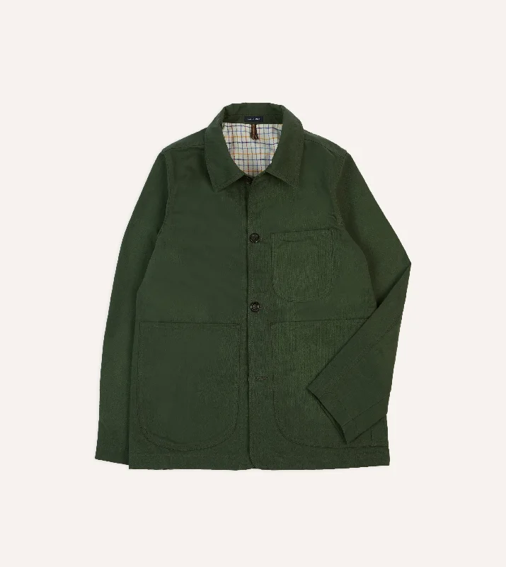 Casual Zip Jacket-Green Herringbone Cotton Three-Pocket Chore Jacket