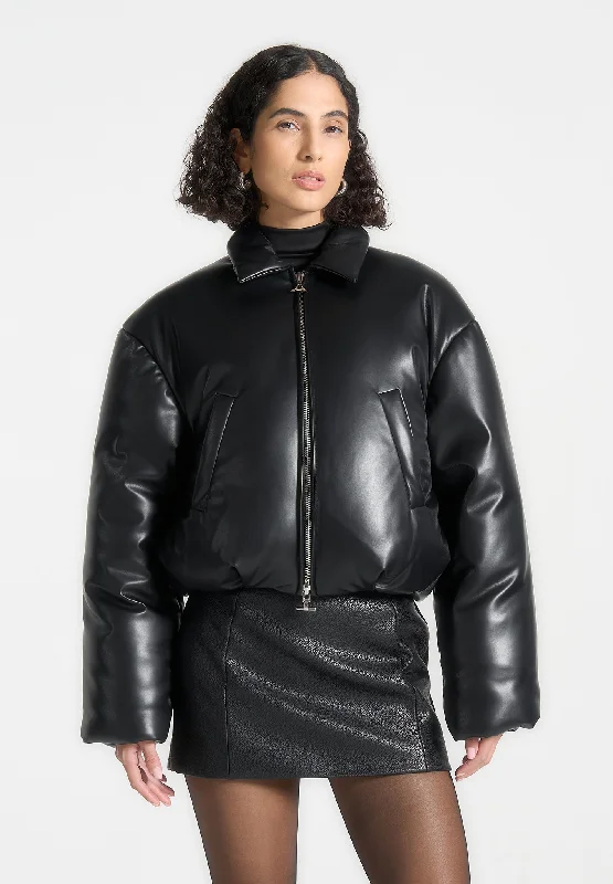 Classic Leather Jacket-Leather Padded Bomber Jacket - Black