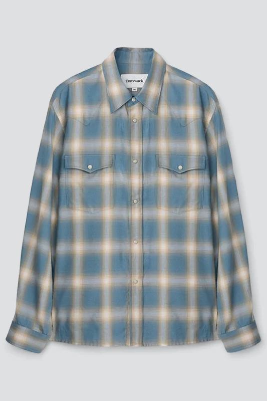 Inspirational T-shirt-Sky Blue Checked Cotton Modal Western Shirt