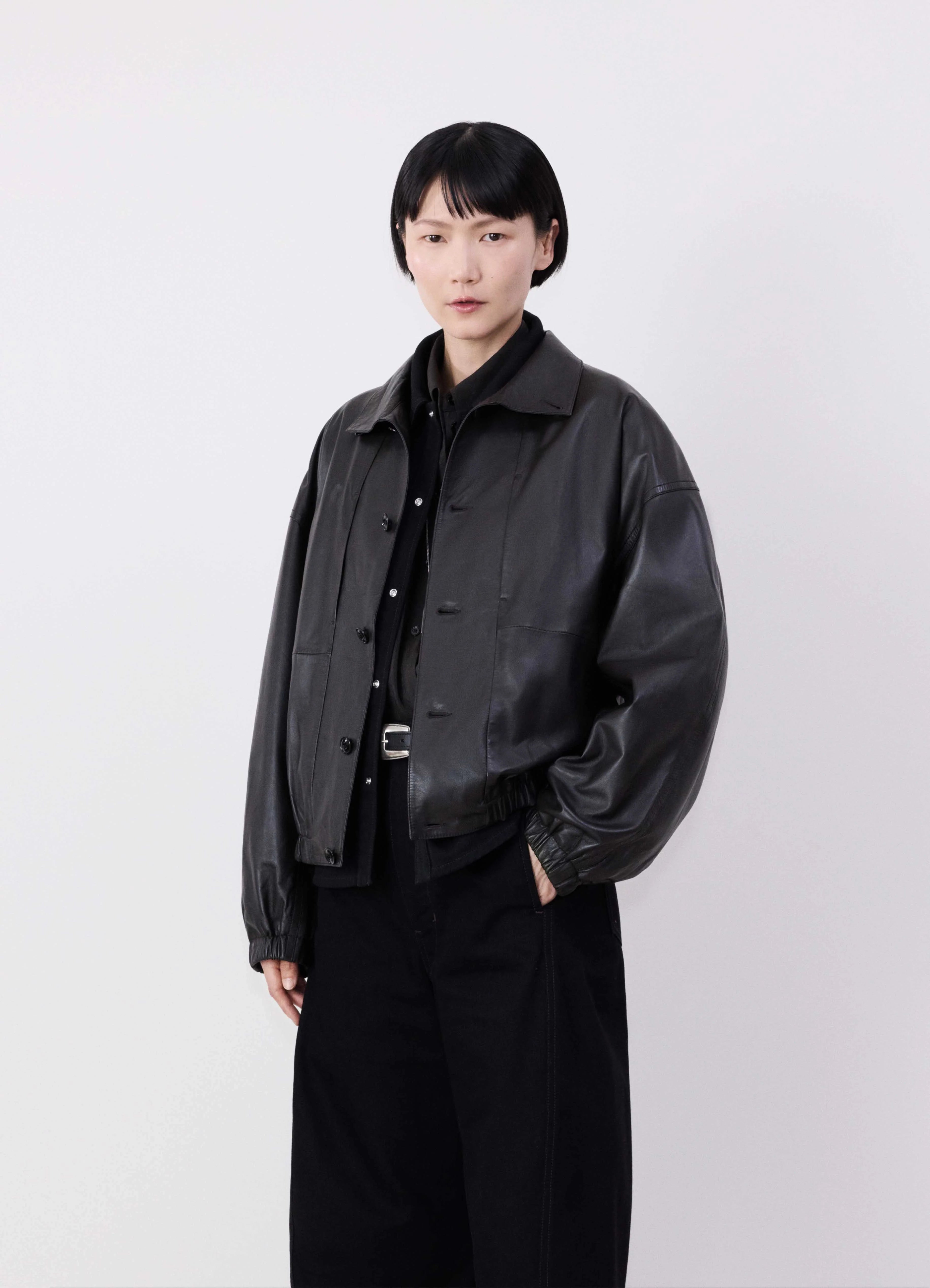 Trendy Jacket-STAND COLLAR LEATHER BLOUSON