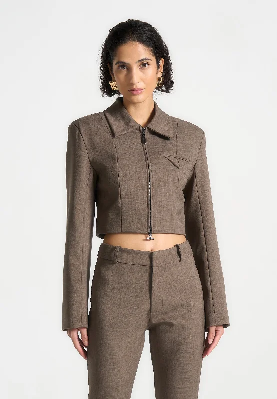 Zip Off Jacket-Wide Shoulder Tailored Jacket - Dark Taupe