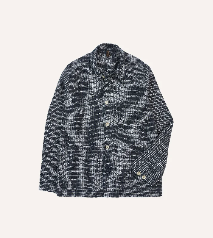 Outdoor Jacket-St. JOHN by Drake's Navy Check Linen Fatigue Jacket