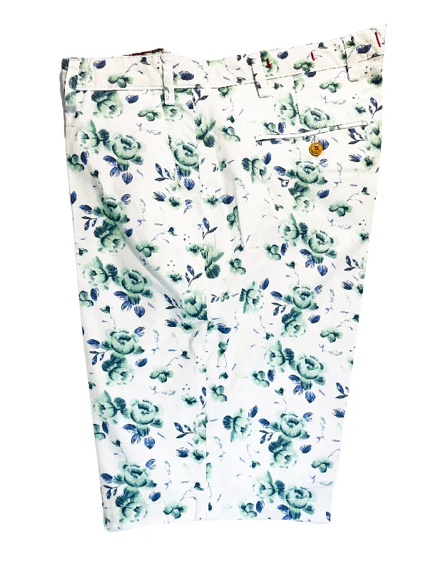 Stylish Denim Shorts-WHITE SHORTS WITH GREEN AND BLUE FLOWERS