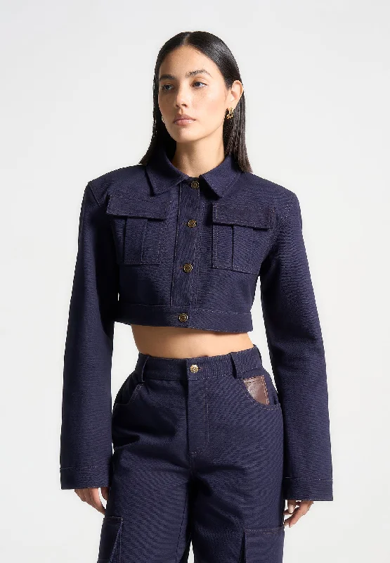 Stylish Bomber Jacket-Wide Shoulder Drill Jacket - Indigo