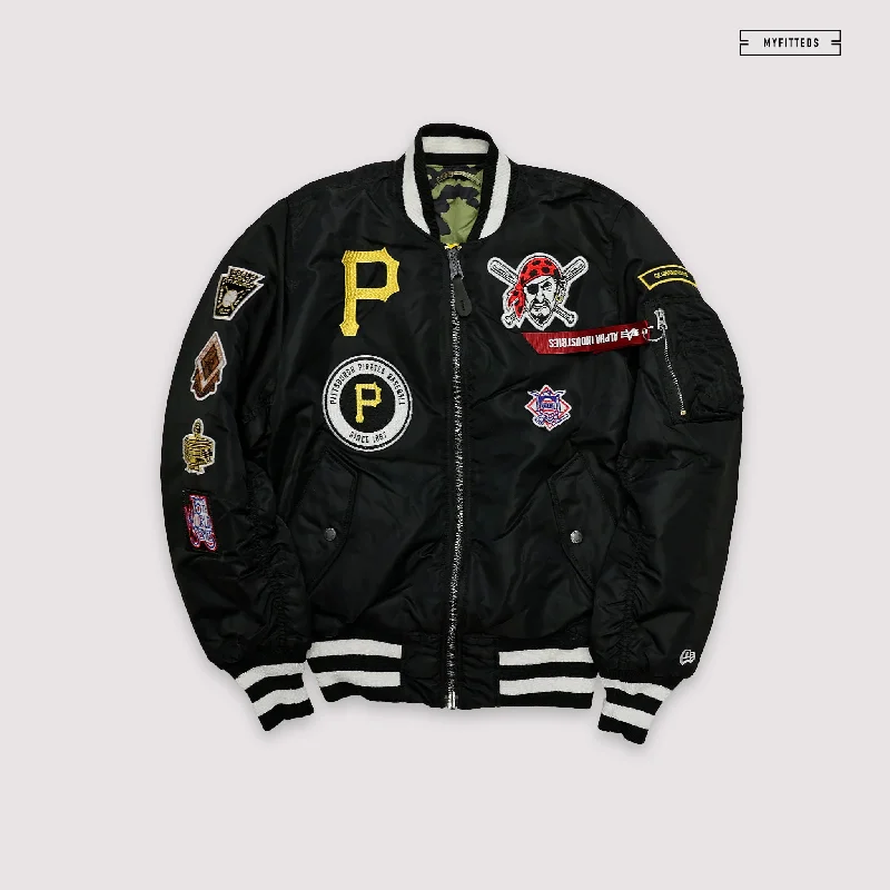 Classic Leather Jacket-NEW ERA X ALPHA INDUSTRIES PITTSBURGH PIRATES REVERSIBLE BOMBER JACKET