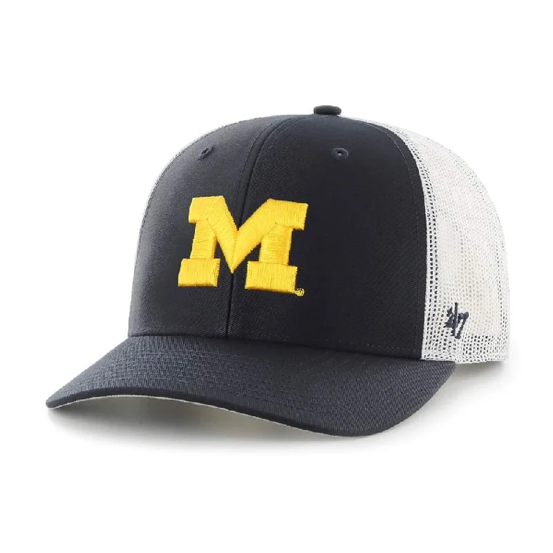 Bucket Hat-'47 Brand MICHIGAN WOLVERINES Primary Logo Trucker Snapback Hat -Navy /White