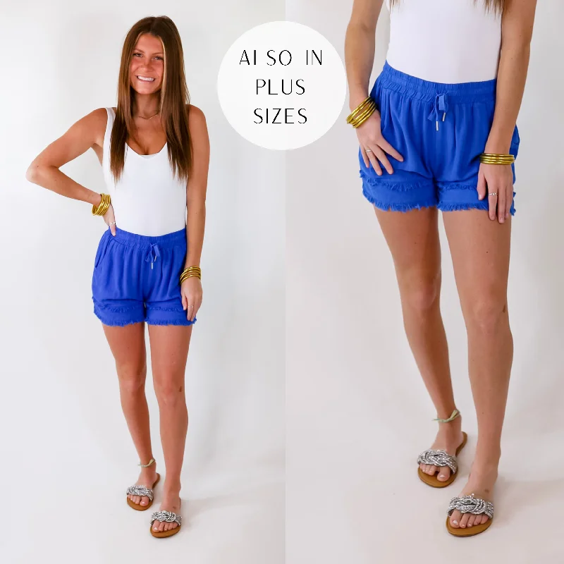 Custom Shorts-On Vacation Time Distressed Hem Shorts in Cobalt Blue