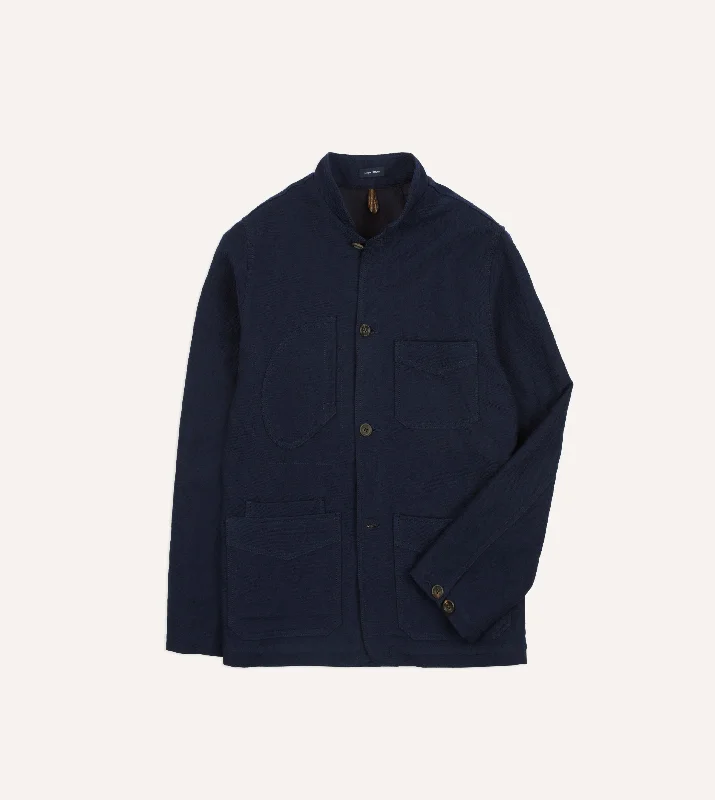 Full Zip Jacket-Navy Wool-Cotton Five-Pocket Artist Chore Jacket