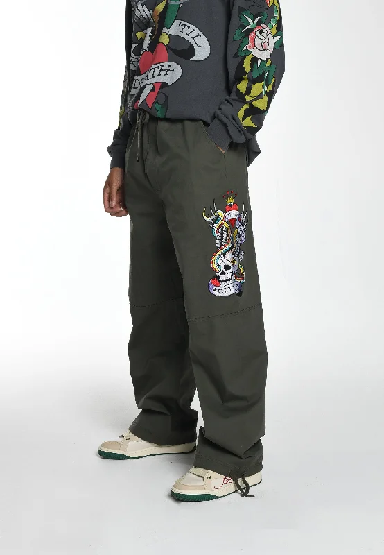 Stylish Jogging Pants-Mens Side-Snake-Skull Woven Tech Trouser - Green