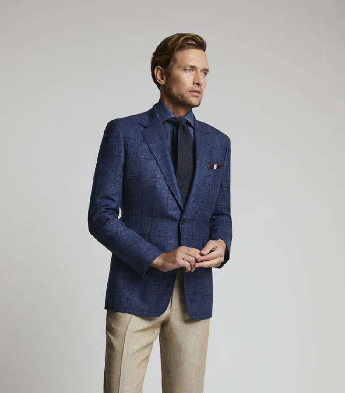 Sports Jacket-Navy Wool/Linen Single Breasted Glen Check Jacket