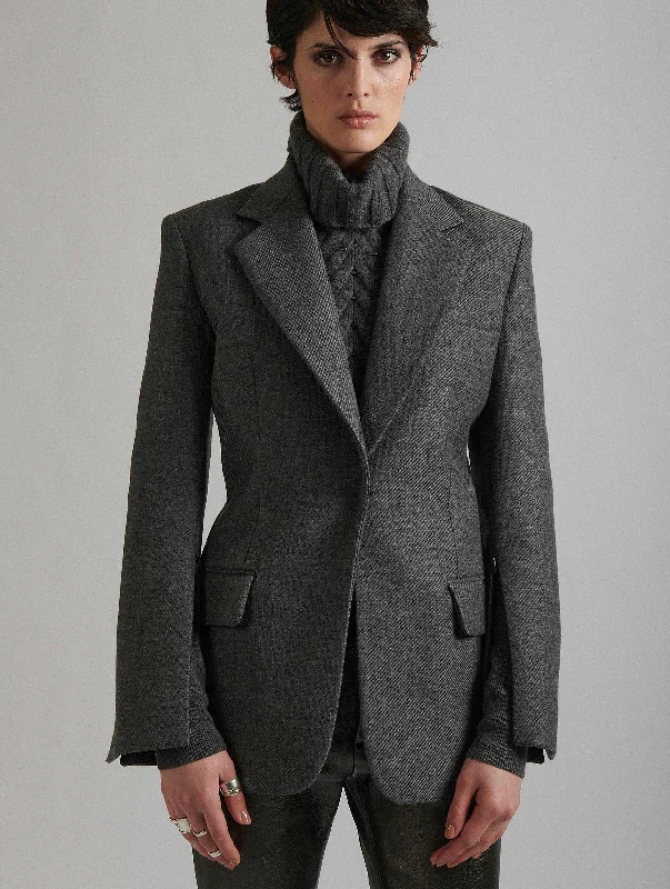 Functional Jacket-Grey whipcord suit jacket with zipped sleeves