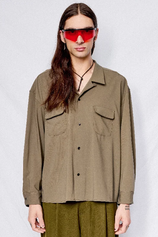 Street Style T-shirt-Olive Gabardine Crop Pocket Shirt