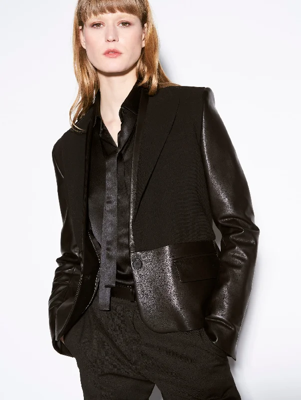 Lightweight Jacket-Black leather and crepe bimaterial suit jacket