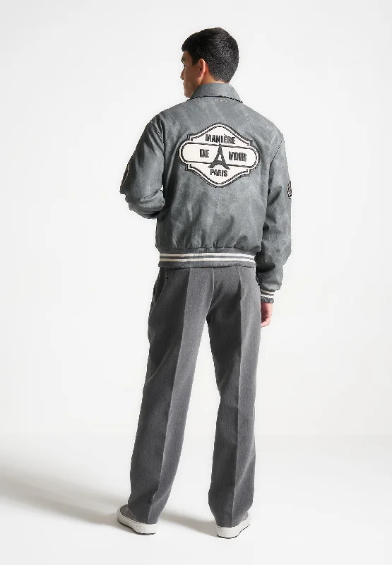 Outdoor Jacket-Vintage Marble Varsity Jacket - Grey