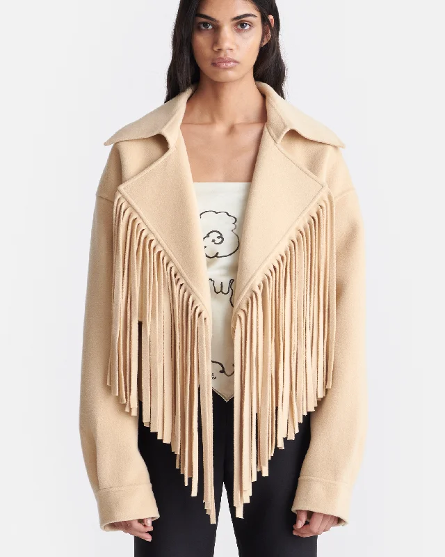 Denim Jacket-Ticia - Fringed Double Wool Jacket - Creme