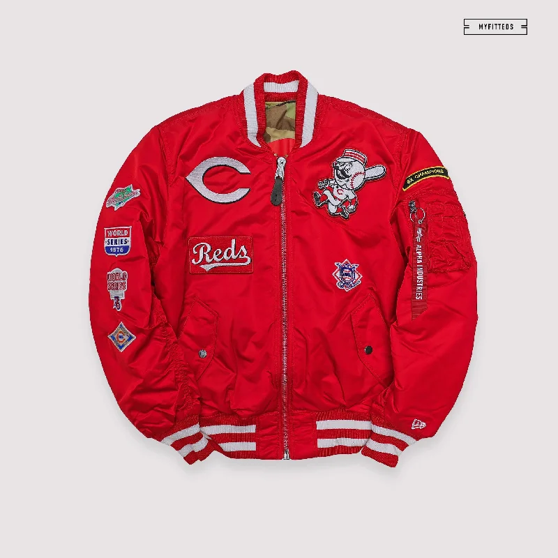 Sporty Jacket-NEW ERA X ALPHA INDUSTRIES CINCINNATI REDS REVERSIBLE BOMBER JACKET