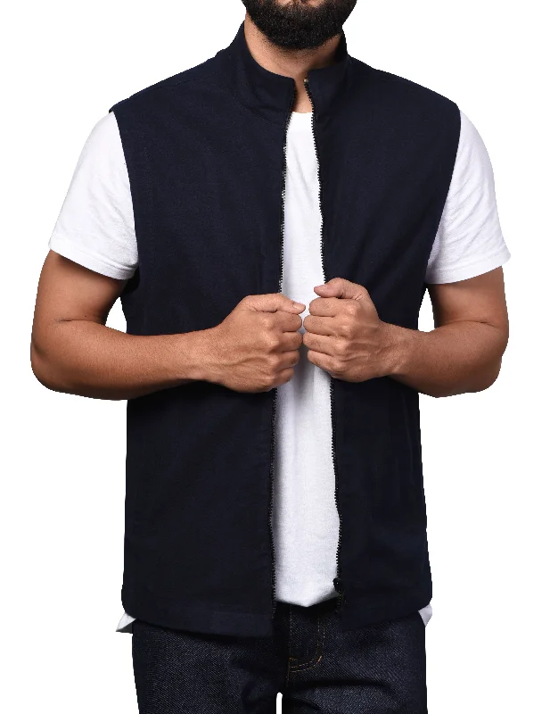 Leather Jacket-Vest in Navy Light Moleskin