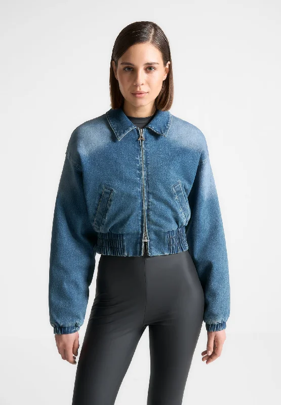 Performance Outdoor Jacket-Padded Cropped Denim Bomber Jacket - Mid Blue