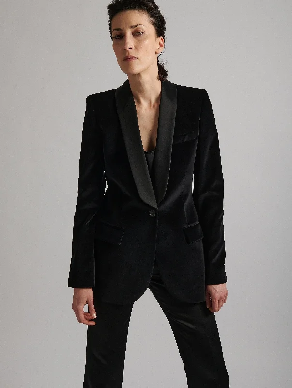 Soft Cotton Jacket-Black velvet shawl collar tuxedo jacket