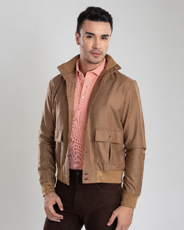 Stylish Windbreaker-VBC: Sand Woolen Flannel Rib Collar Shirt Jacket