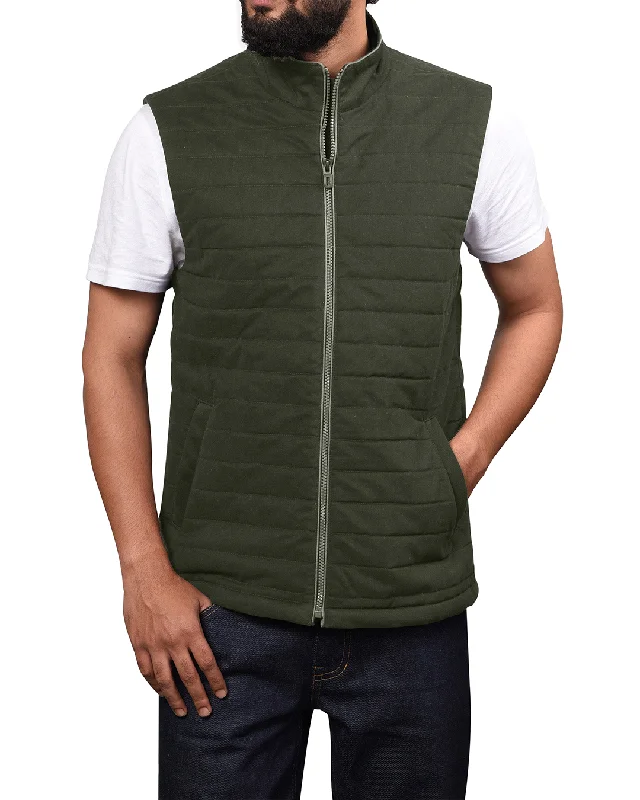 Denim Jacket-Quilted Gilets in Castor Green Twill