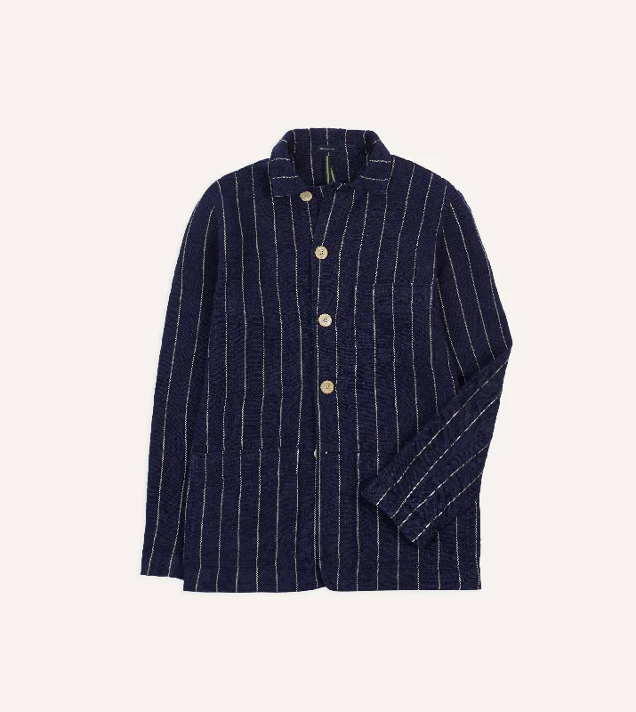 Warm Jacket-Navy Pinstripe Heavy Linen Five-Pocket Chore Jacket