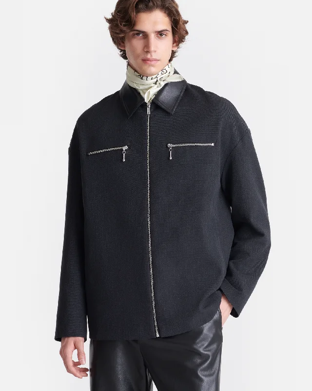 Leather Jacket-Malachi - Wool Twill and Regenerated Leather Jacket - Grey Melange/Black