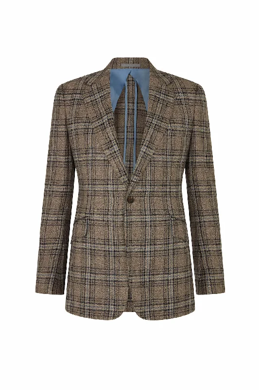 Full Zip Jacket-Brown/Blue Wool Silk & Linen Overcheck Single Breasted Jacket