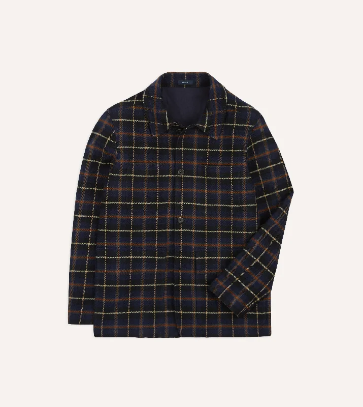 Cold Weather Jacket-Navy Check Wool-Cotton Four-Pocket Chore Jacket