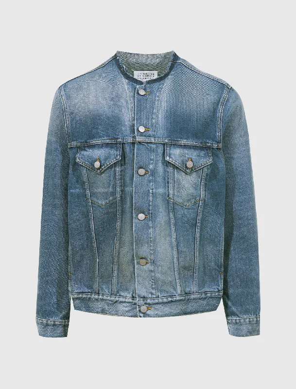 Waterproof Jacket-COLLARLESS DENIM JACKET