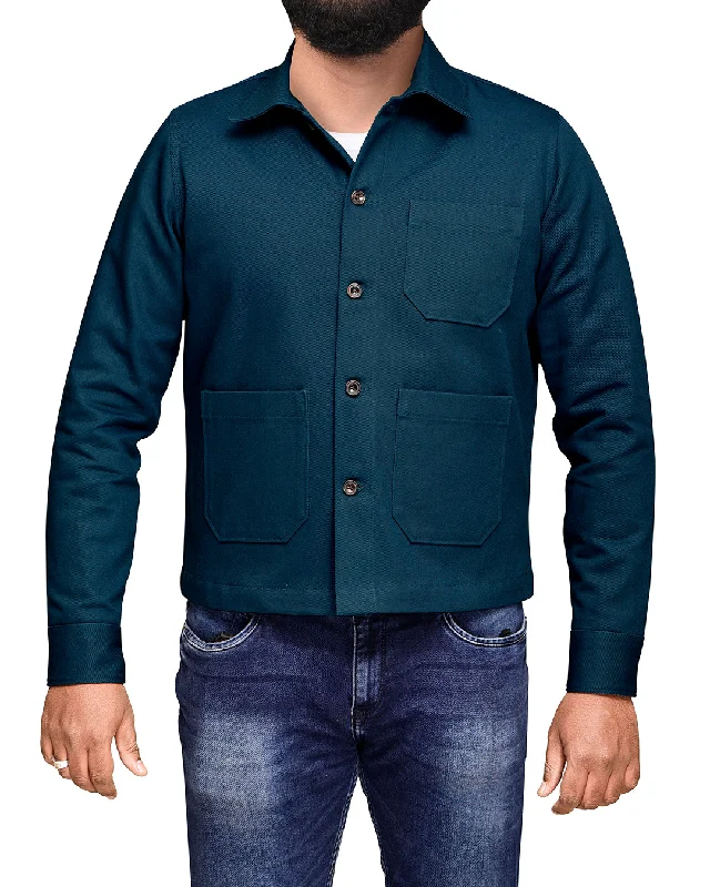 Hooded Jacket-Dark Teal Denim Shirt Jacket