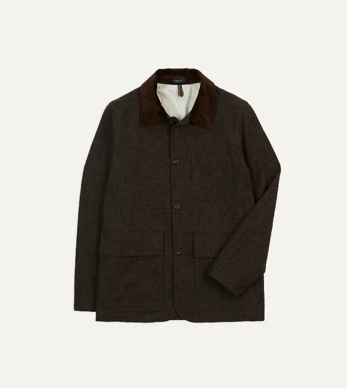 Cozy Fleece Jacket-Brown Wool-Cotton Three-Pocket Chore Jacket