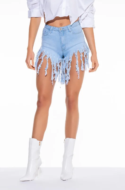 Outdoor Shorts-MAXI FRINGE HIGH WAISTED DENIM SHORTS