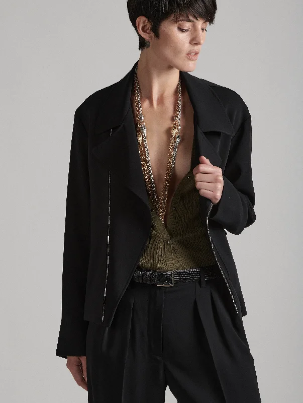 Parka Jacket-Black fluid crepe biker jacket