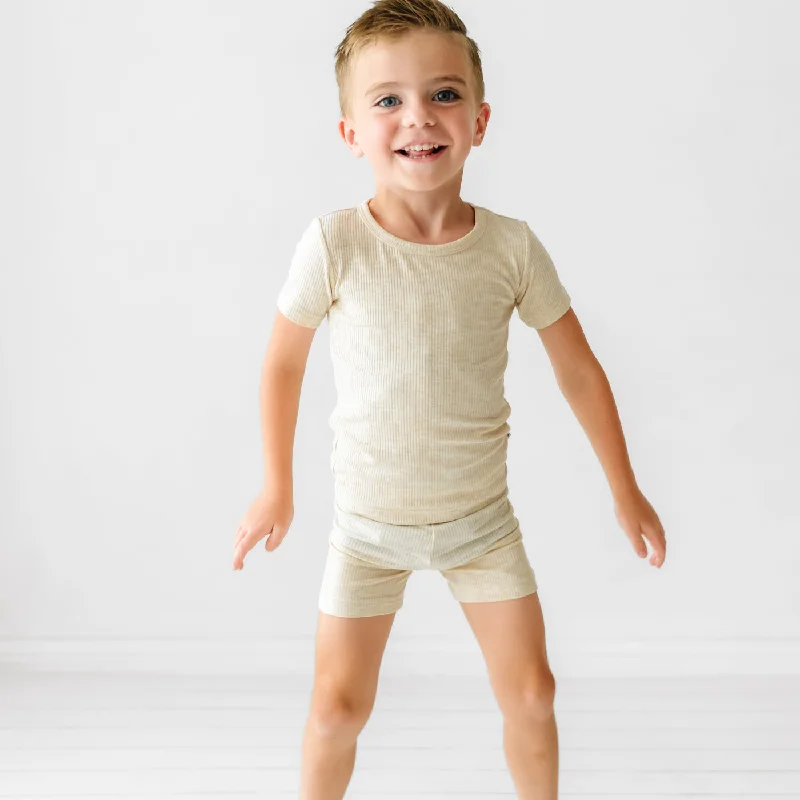 Lightweight Outdoor Shorts-Heather Oatmeal Ribbed Two-Piece Short Sleeve & Shorts Pajama Set