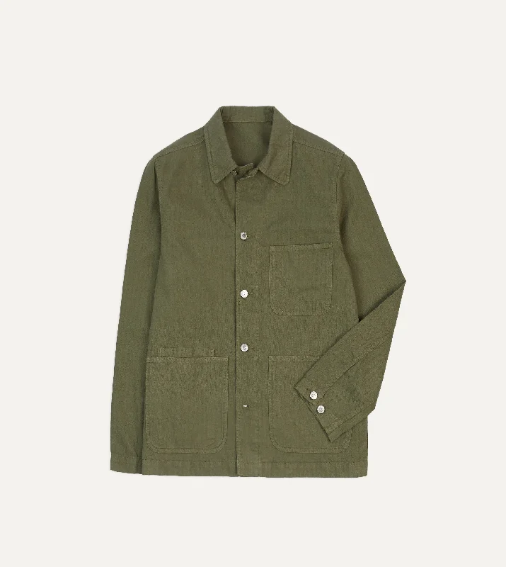 Custom Jacket-Olive Cotton-Linen Herringbone Fatigue Jacket