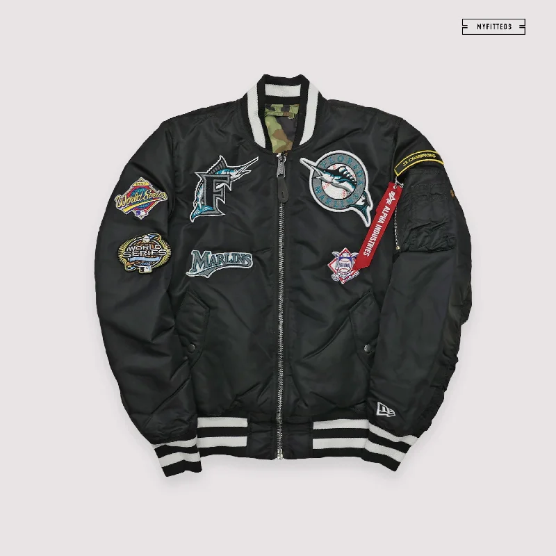 Cozy Fleece Jacket-NEW ERA X ALPHA INDUSTRIES FLORIDA MARLINS REVERSIBLE BOMBER JACKET