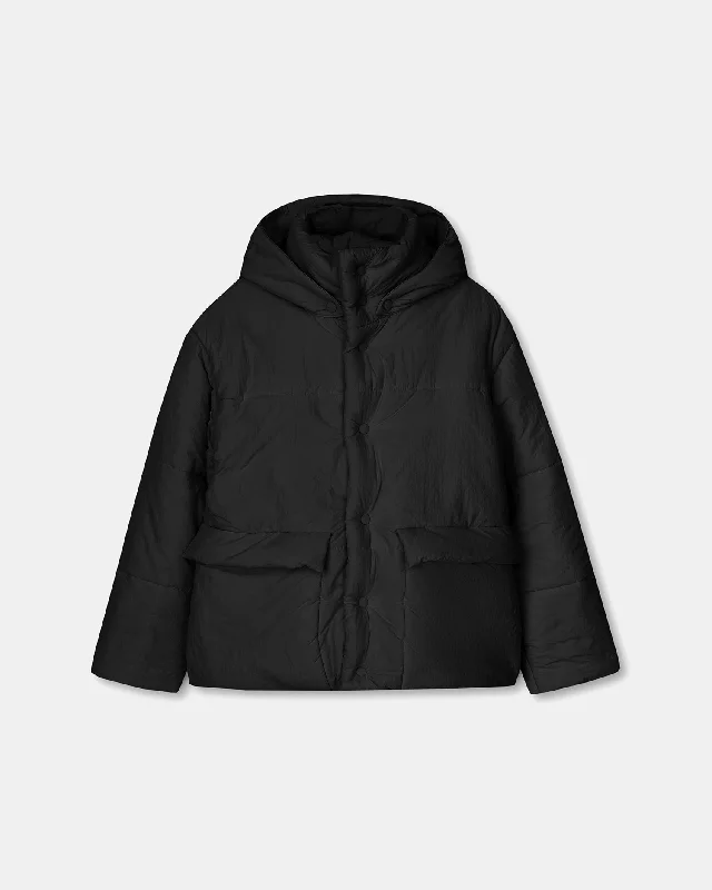 Smart Jacket-Hide Hood - Tech Poplin Hooded Puffer Jacket - Black