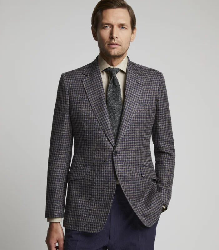 Premium Jacket-Navy Linen Single Breasted Twill Check Jacket