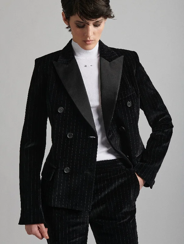 Minimalist Jacket-Black striped velvet tuxedo jacket