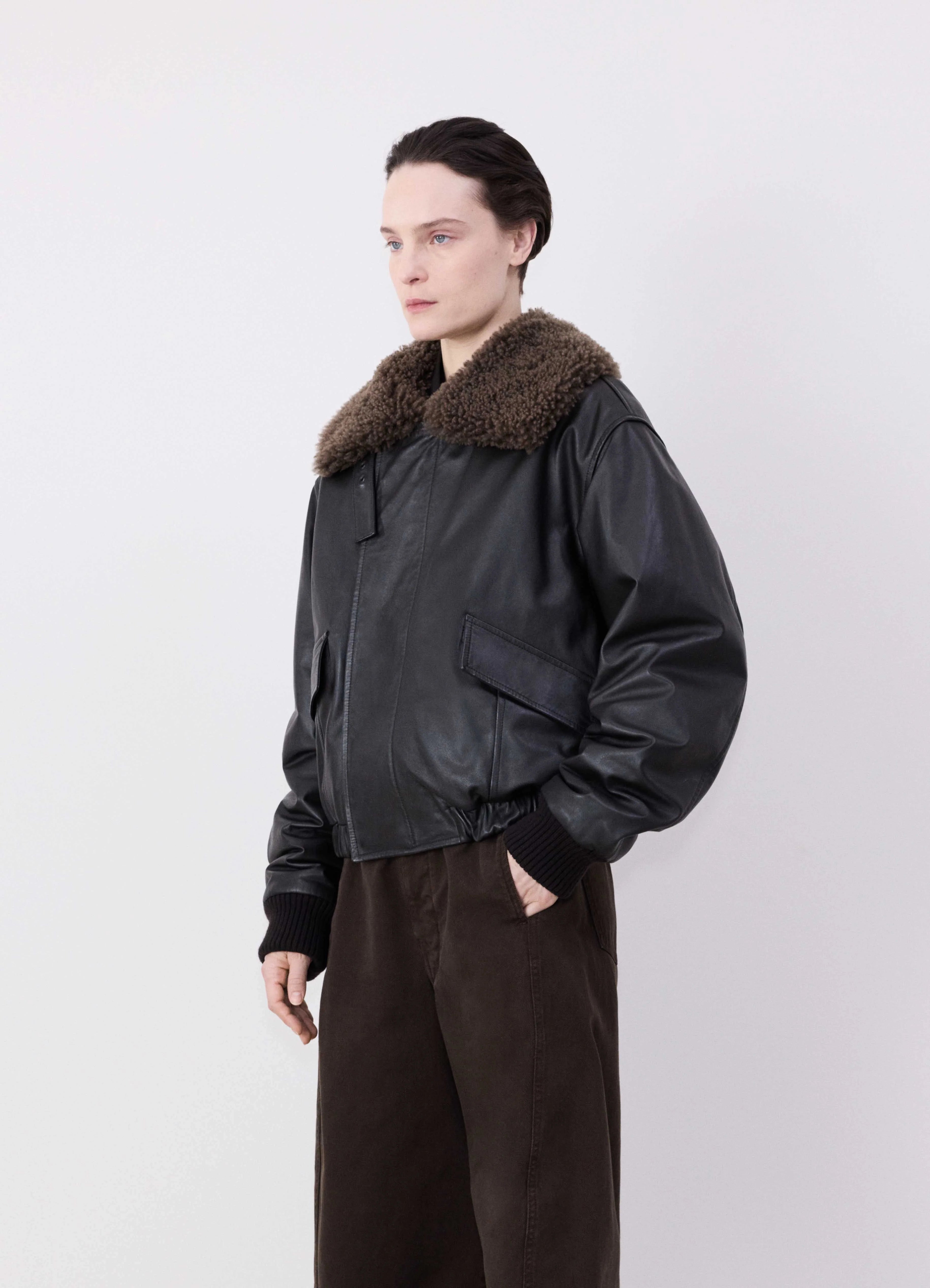 Street Style Jacket-LEATHER BLOUSON WITH SHEARLING COLLAR