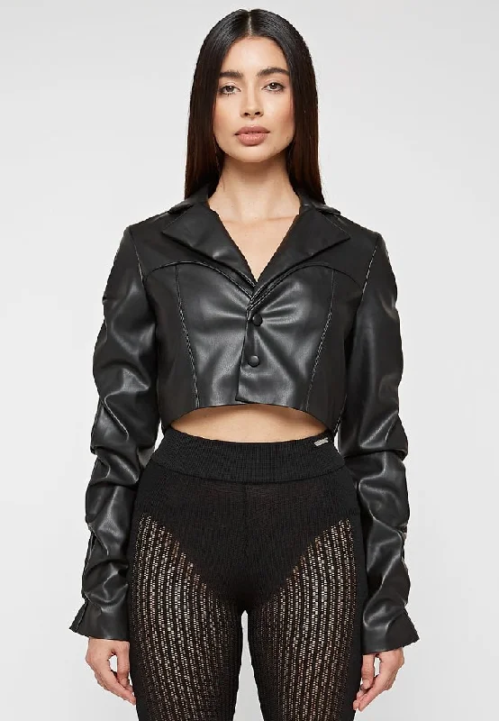 Urban Street Jacket-Tacked Leather Cropped Jacket - Black