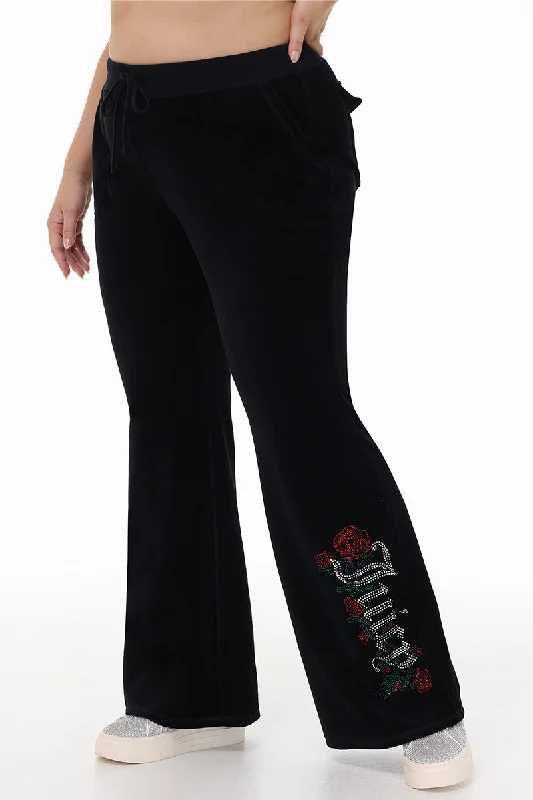 Performance Pants-Plus-Size Juicy Roses Bling Snap Pocket Cotton Velour Pants