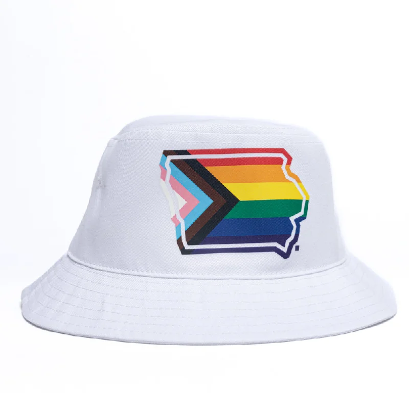 Printed T-shirt-Iowa Outline Progress Pride Flag Bucket Hat