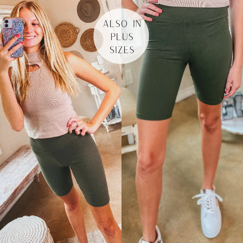 Button Shorts-Finish Strong High Waist Biker Shorts in Olive