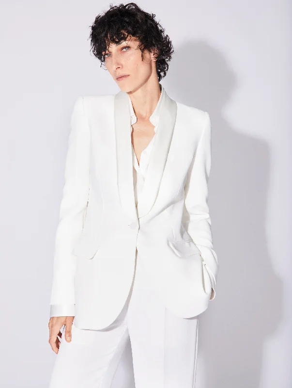 Classic Zip Jacket-White crepe fitted suit jacket with satin collar