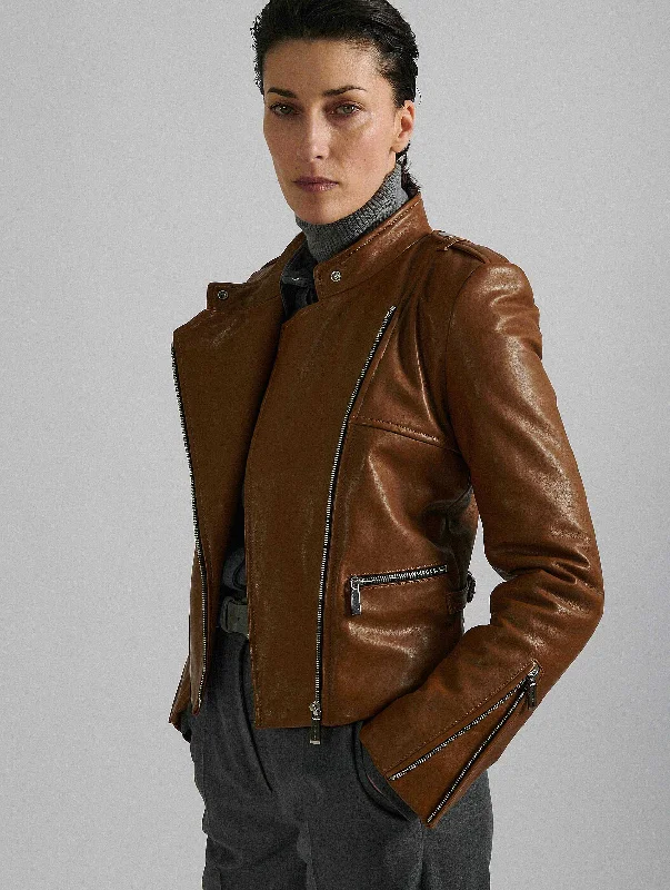 Leather Jacket-Camel leather biker jacket