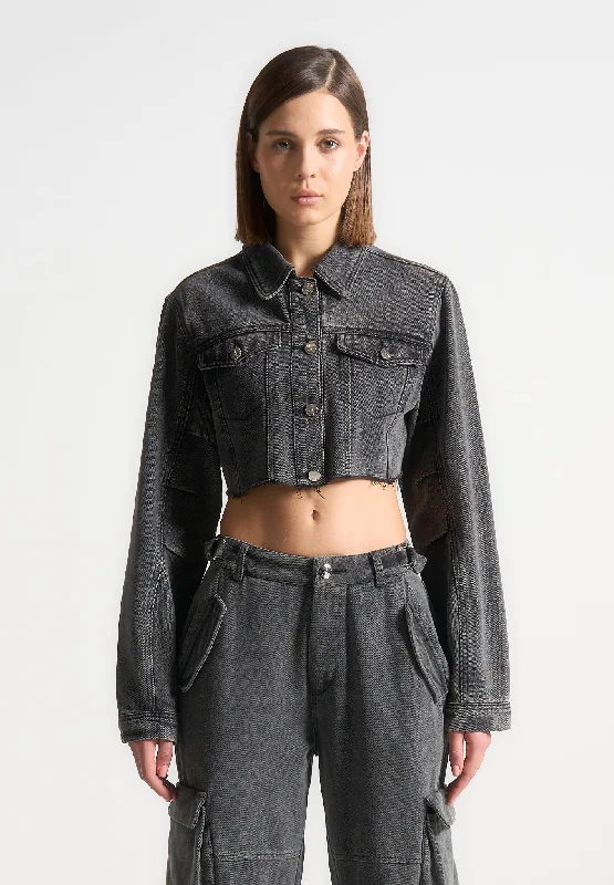 Retro Style Jacket-Cropped Tacked Sleeve Jacket - Washed Grey